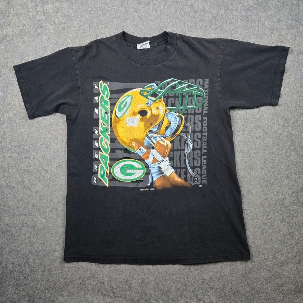 Vintage Green Bay Packers Shirt Mens Large Black Distressed 90s Faded Thrashed